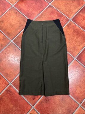 Rachel Comey 100% Wool Olive Green Pencil Skirt with Black Stretch Side Panels